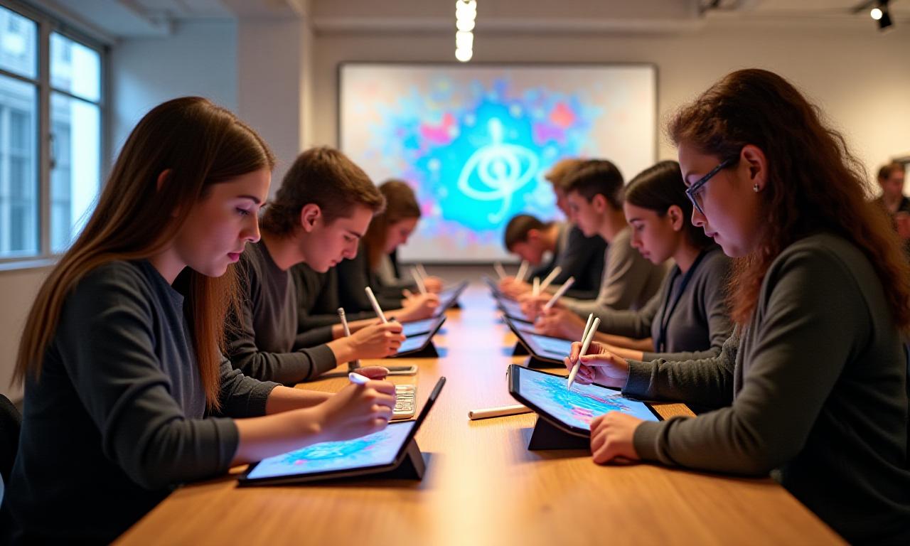 Artists drawing in a New York workshop space with iPads