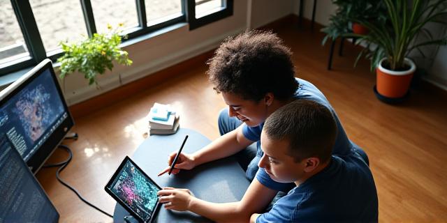 Two artists collaborating over a tablet screen